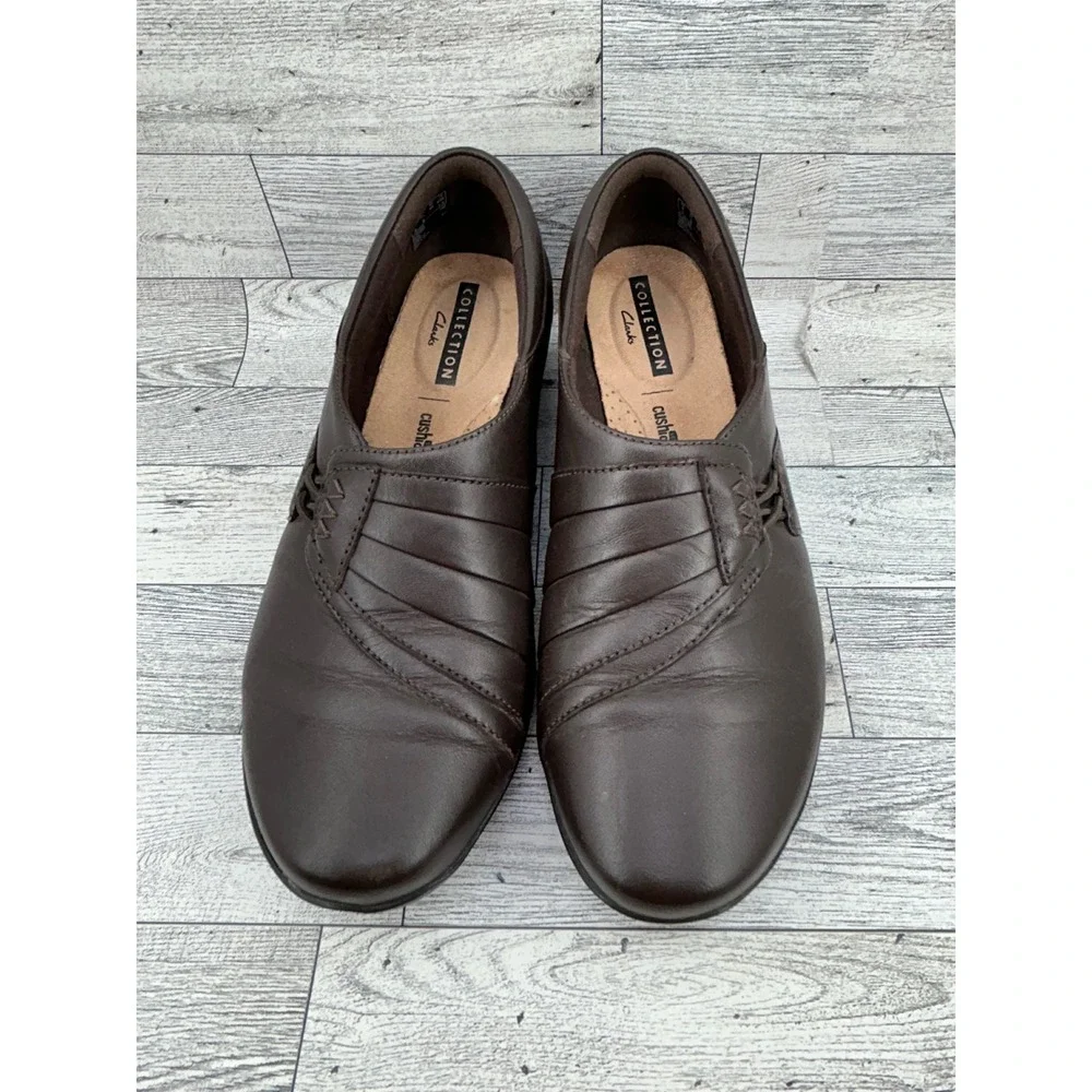 Clarks Collection‎ Cushion Soft Dark Brown Leather Ruched Loafers Women Sz 7.5M